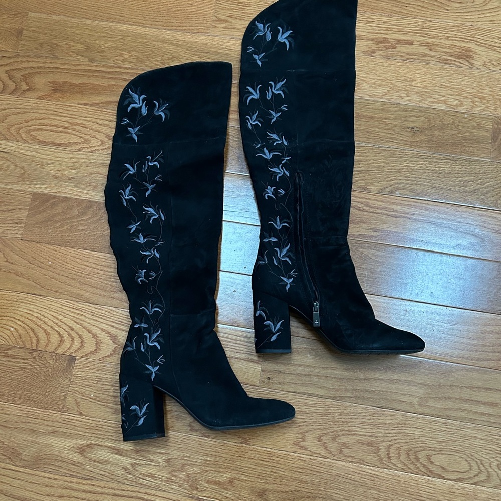 Kenneth Cole Black Over the Knee Boots with Floral Design